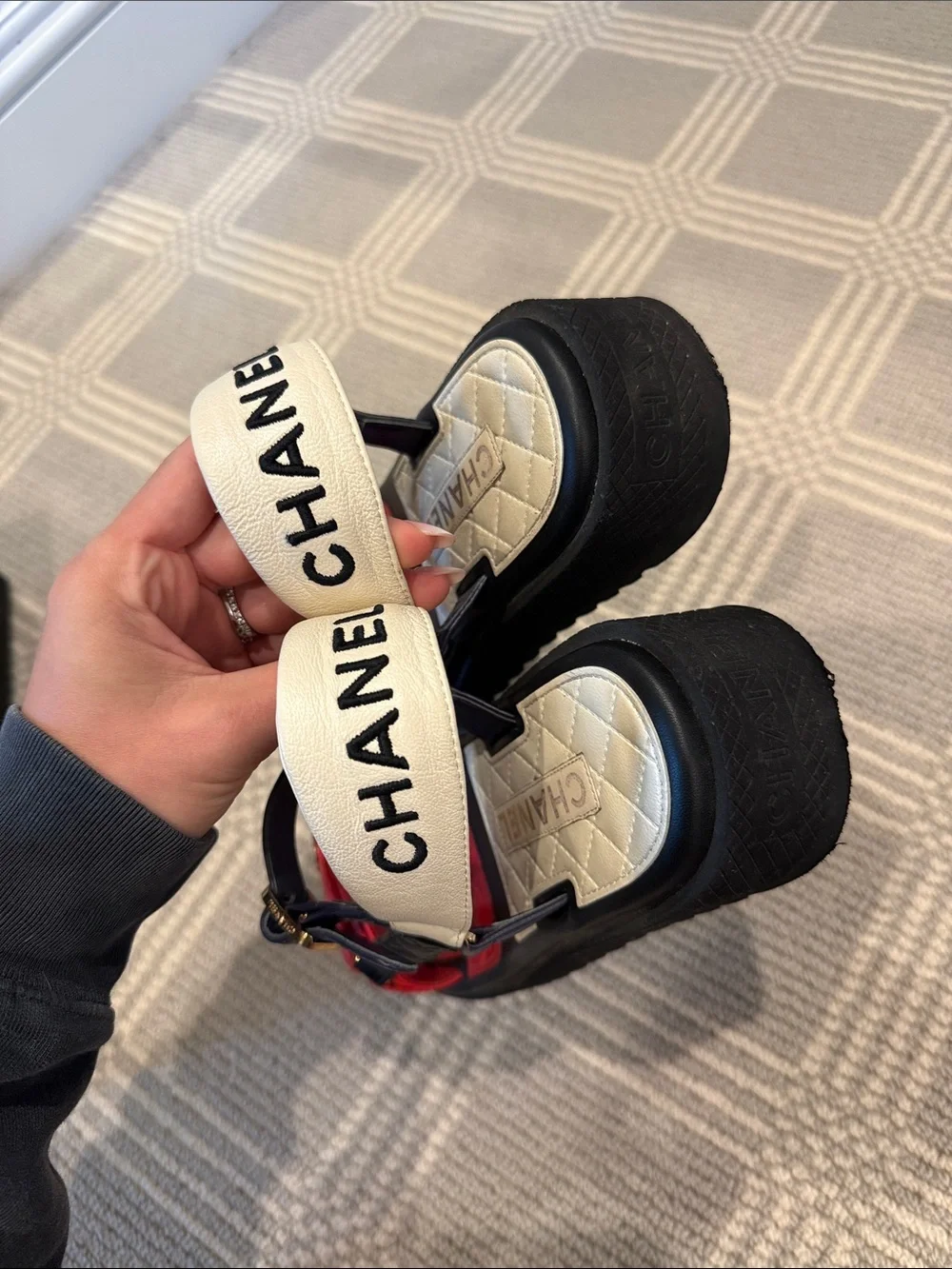 Chanel 22P Sandals Red Black Ivory